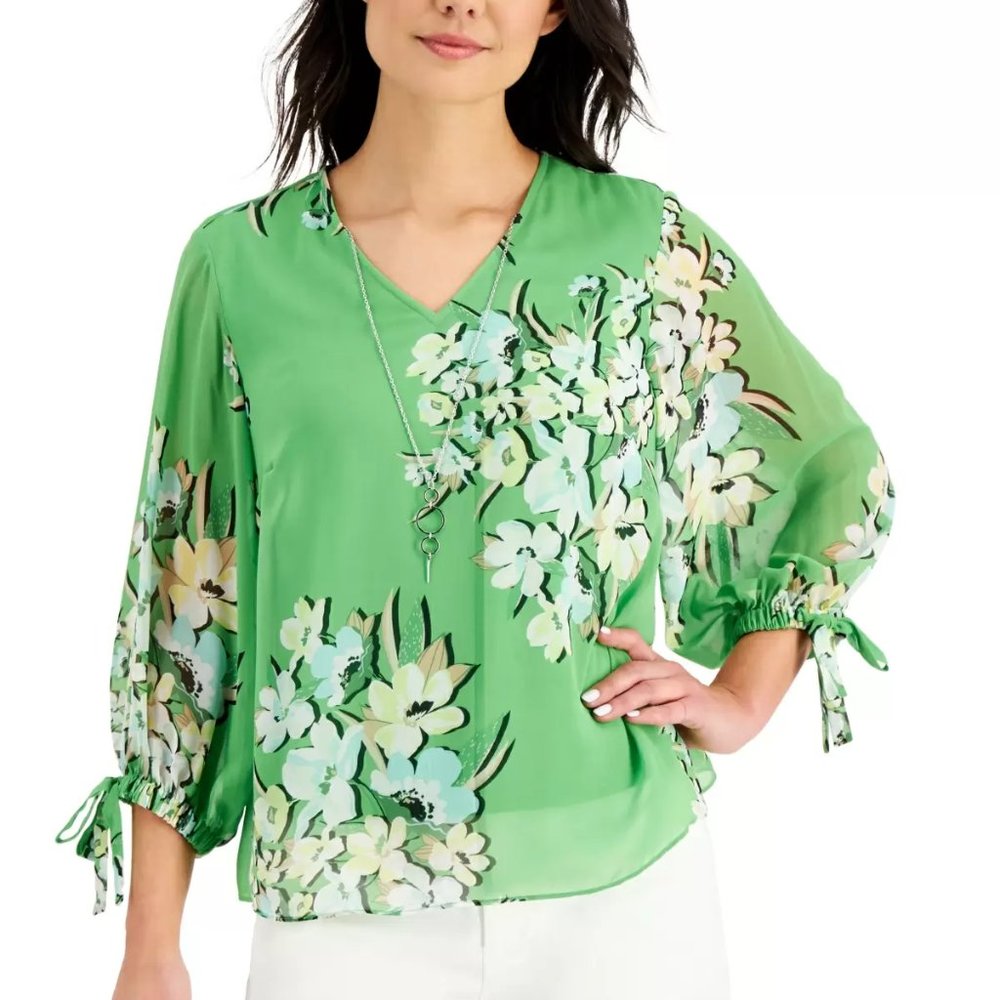 JM Collection Floral-Print Tie-Sleeve Necklace Top, Fresh Clover CB